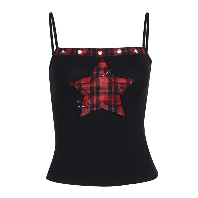 Kobine Women's Grunge Plaid Splice Pin Tank Top