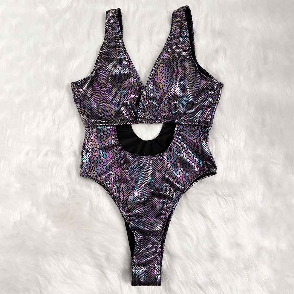 Kobine Women's Grunge Snakeskin Print Plunge V Cutout One-Piece Swimsuit