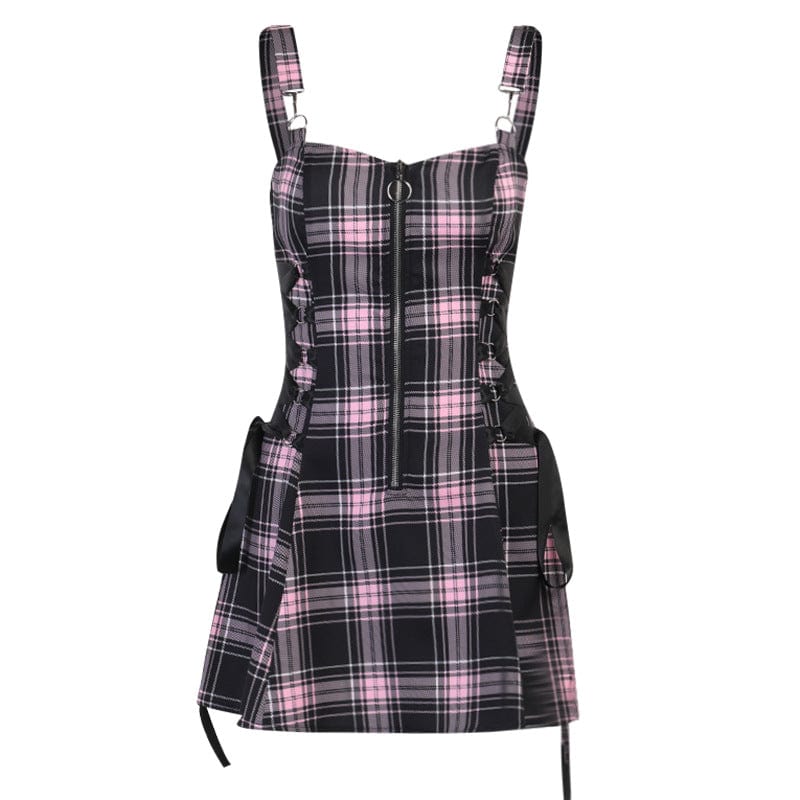 Kobine Women's Grunge Strappy Plaid Slip Dress