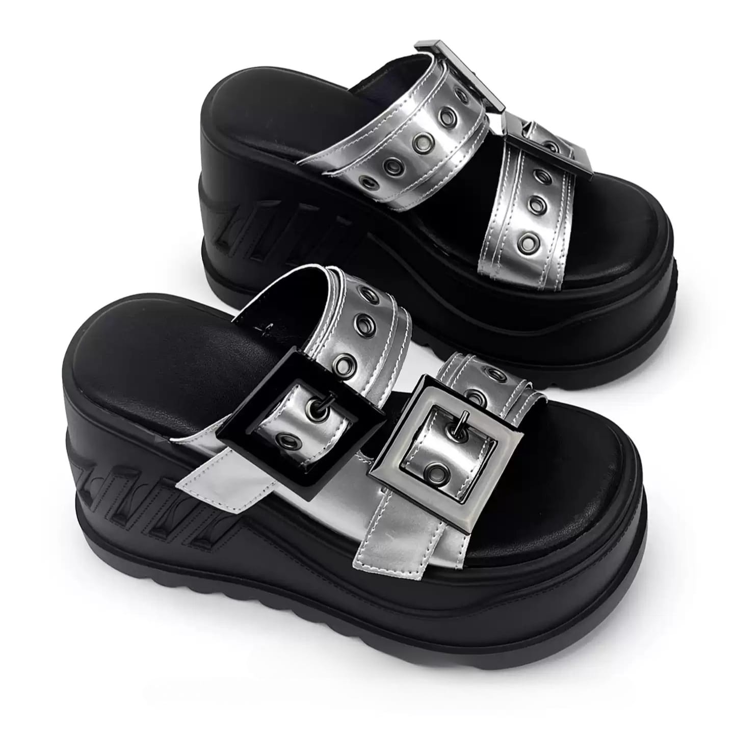 Kobine Women's Grunge Two‑Tone Buckle Strap Wedge Slide Sandals