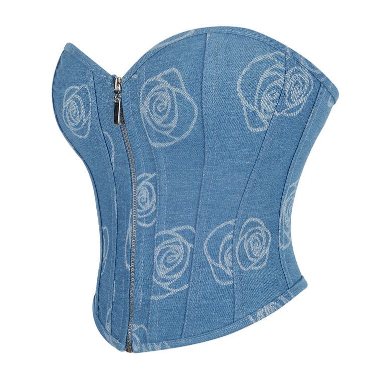 Kobine Women's Grunge Zipper Rose Denim Overbust Corset