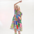 Kobine Women's Pink Kawaii Floral Plaid Splice Slip Dress