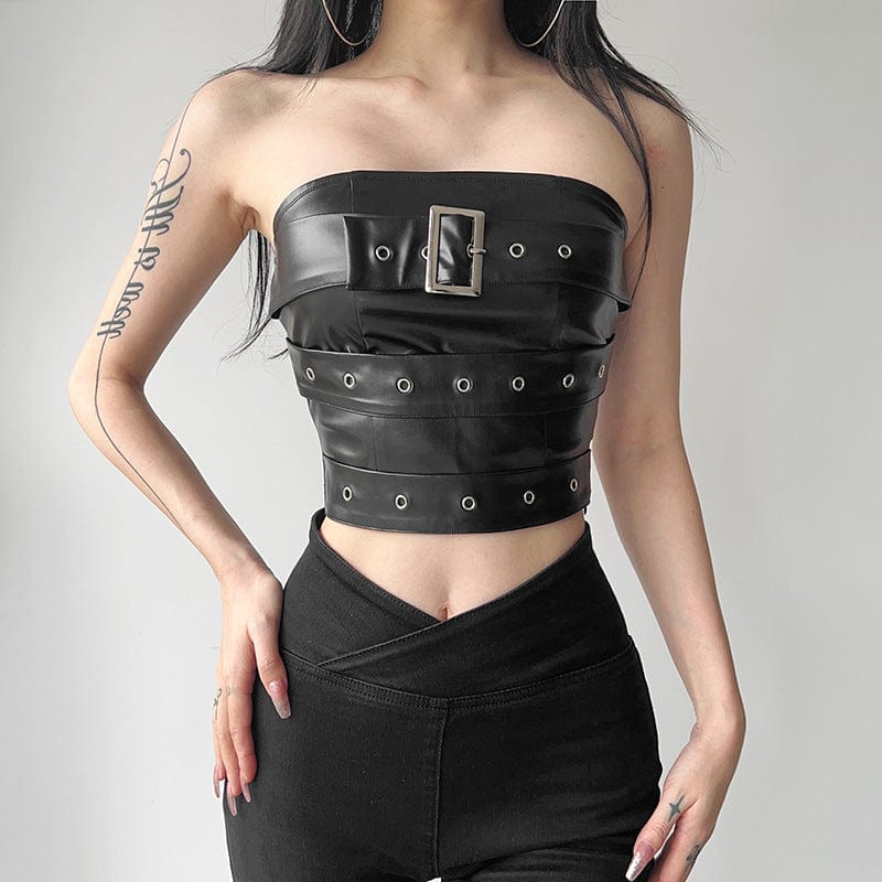 Kobine Women's Punk Buckle Faux Leather Bustier