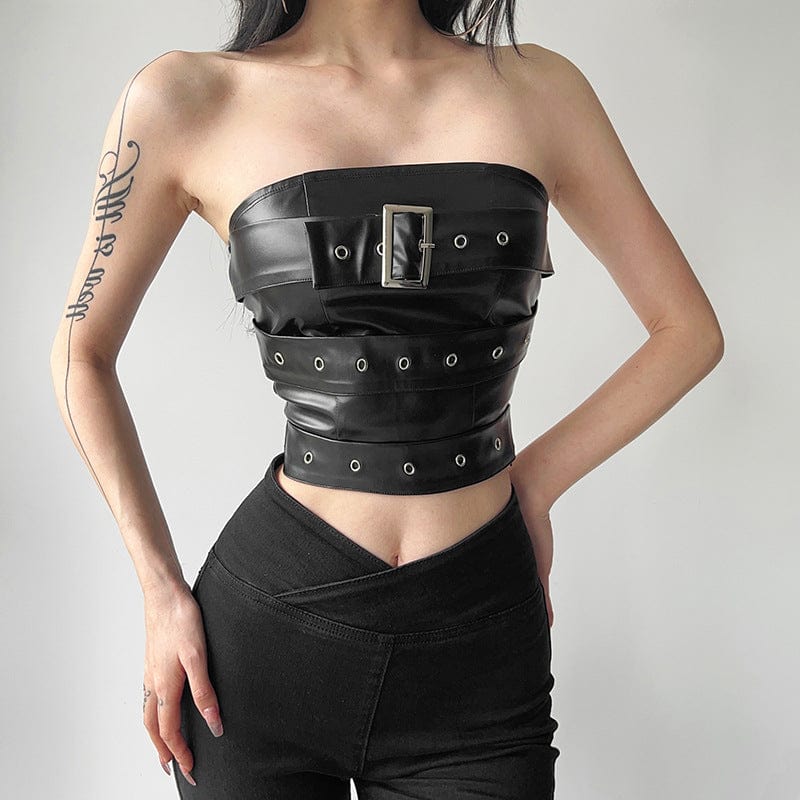 Kobine Women's Punk Buckle Faux Leather Bustier