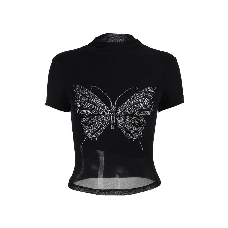 Kobine Women's Punk Butterfly Rhinestone Mesh Splice Shirt