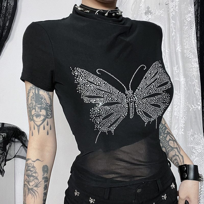 Kobine Women's Punk Butterfly Rhinestone Mesh Splice Shirt