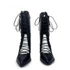 Kobine Women's Punk Criss‑cross Lace-up Cutout Pointed‑Toe Block Heel Boots