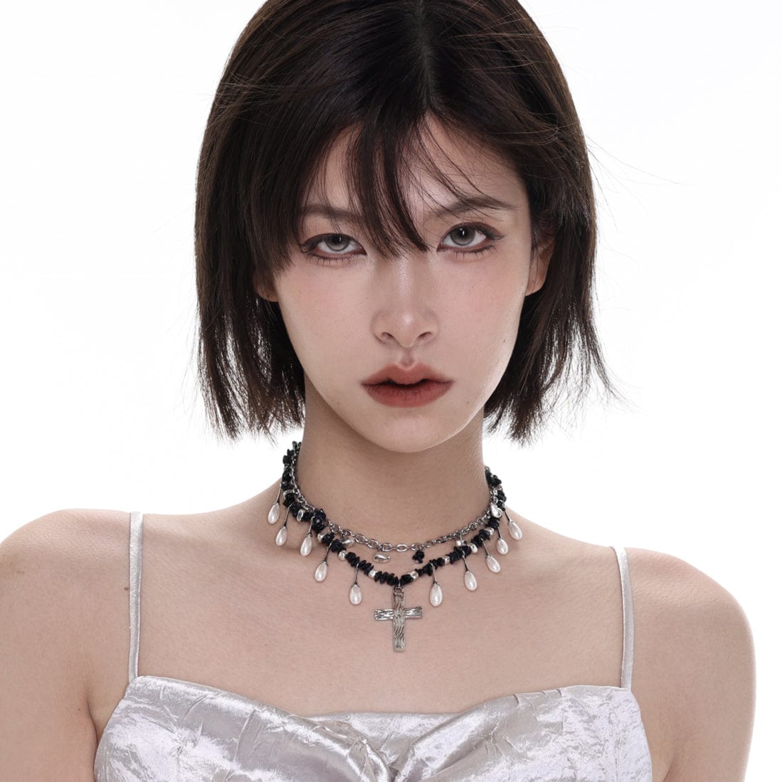 Kobine Women's Punk Cross Two-layer Pearl Necklace