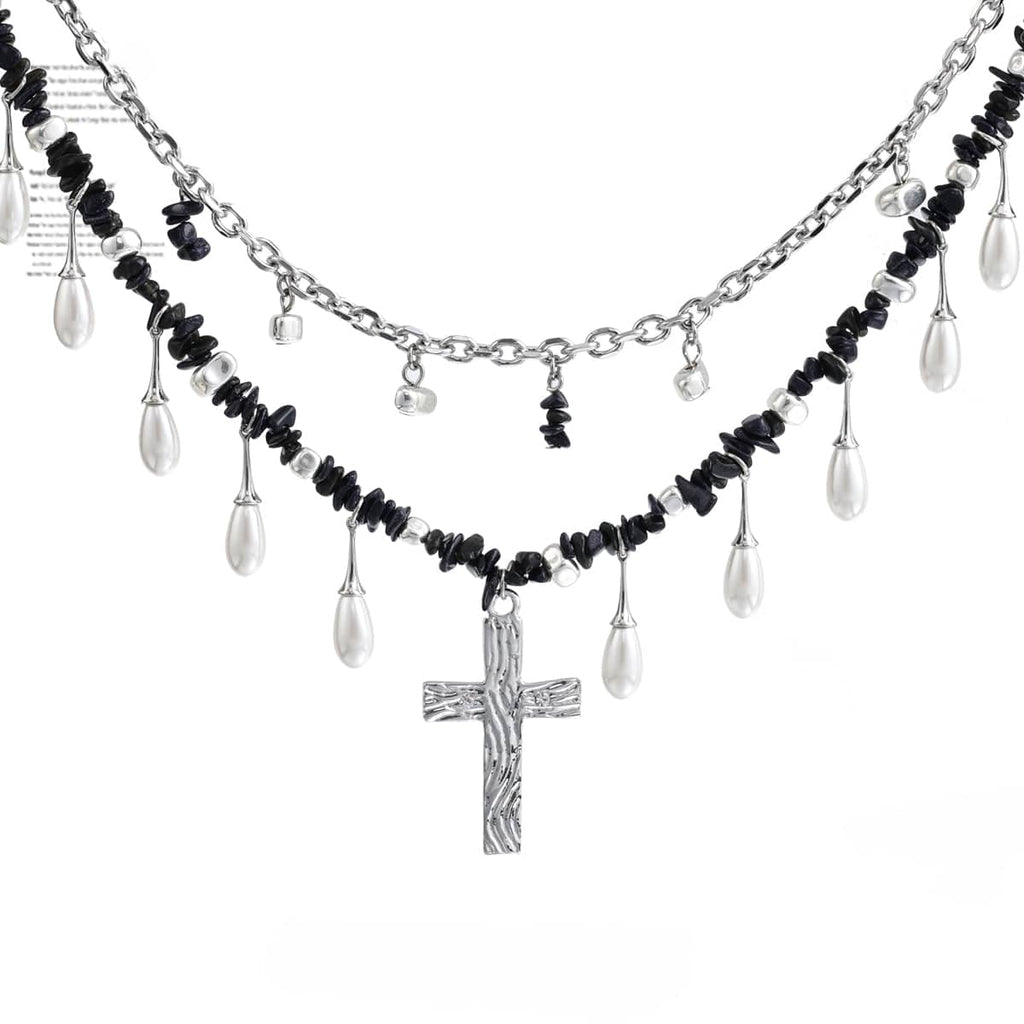 Kobine Women's Punk Cross Two-layer Pearl Necklace