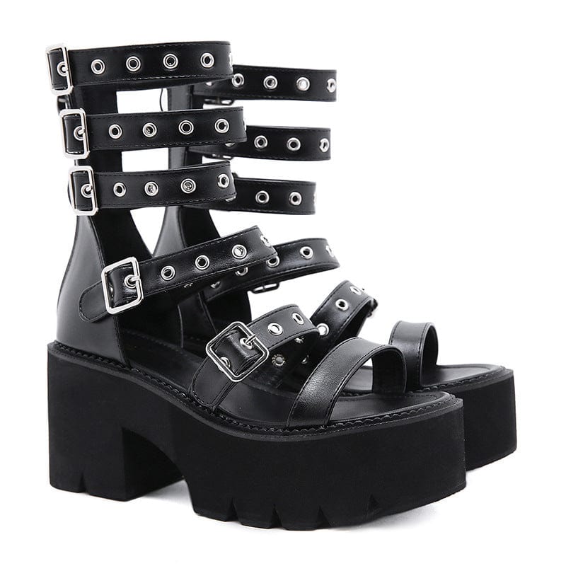 Kobine Women's Punk Eyelets Layered Buckles Open-toe Platform Sandals
