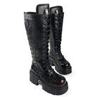 Kobine Women's Punk Flame Applique Lace-up Round‑Toe Platform Chunky Sole Motorcycle Boot