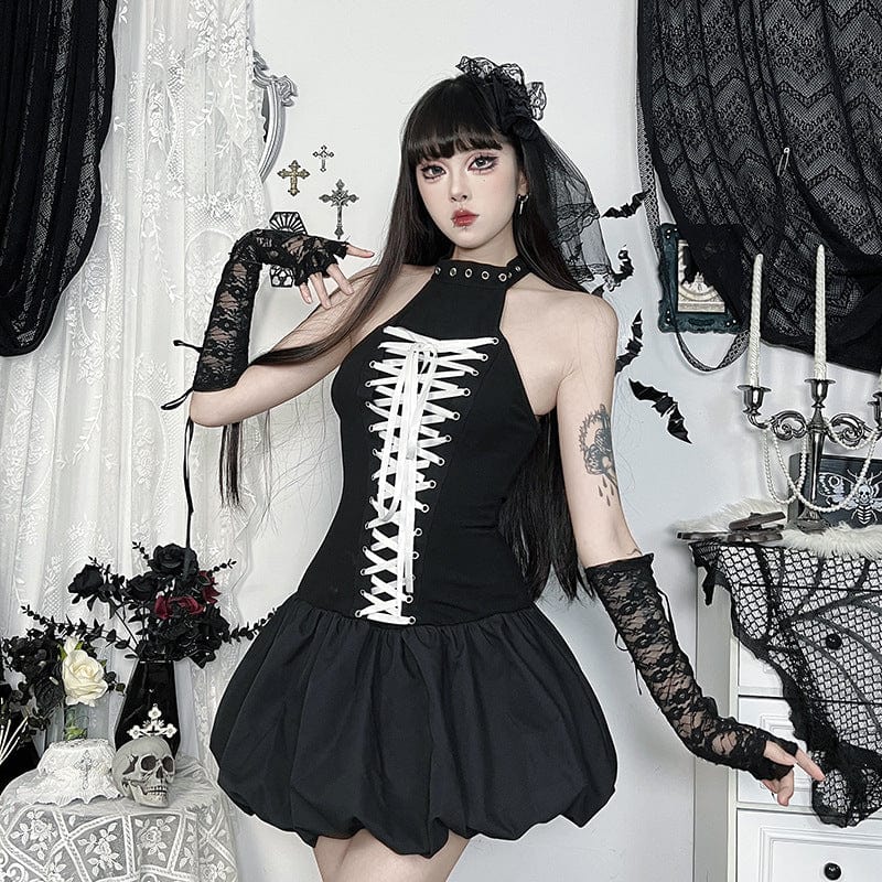 Kobine Women's Punk Lace-up Halterneck Party Dress