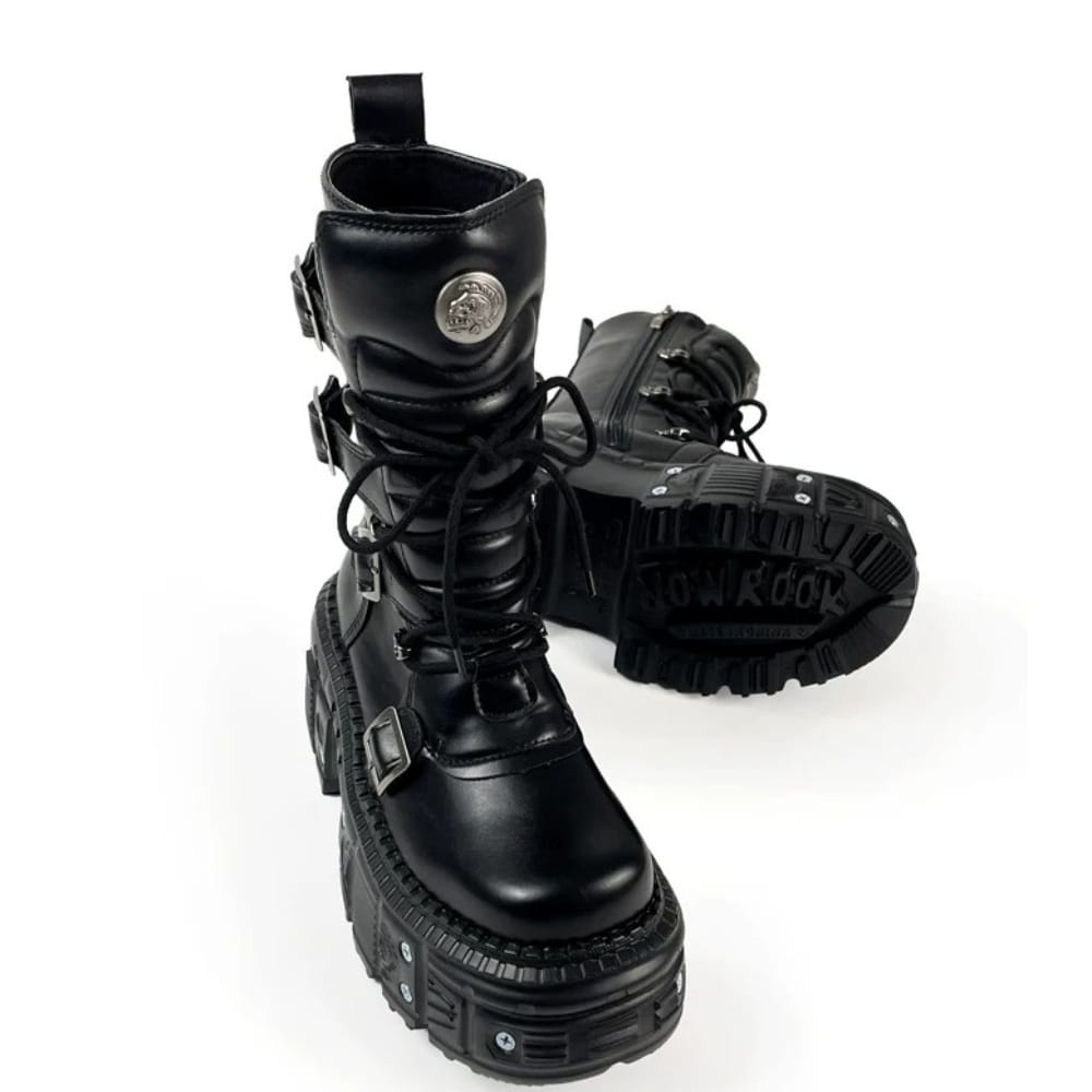 Kobine Women's Punk Multi Buckle Strap Side Zipper Stacked Platform Boots