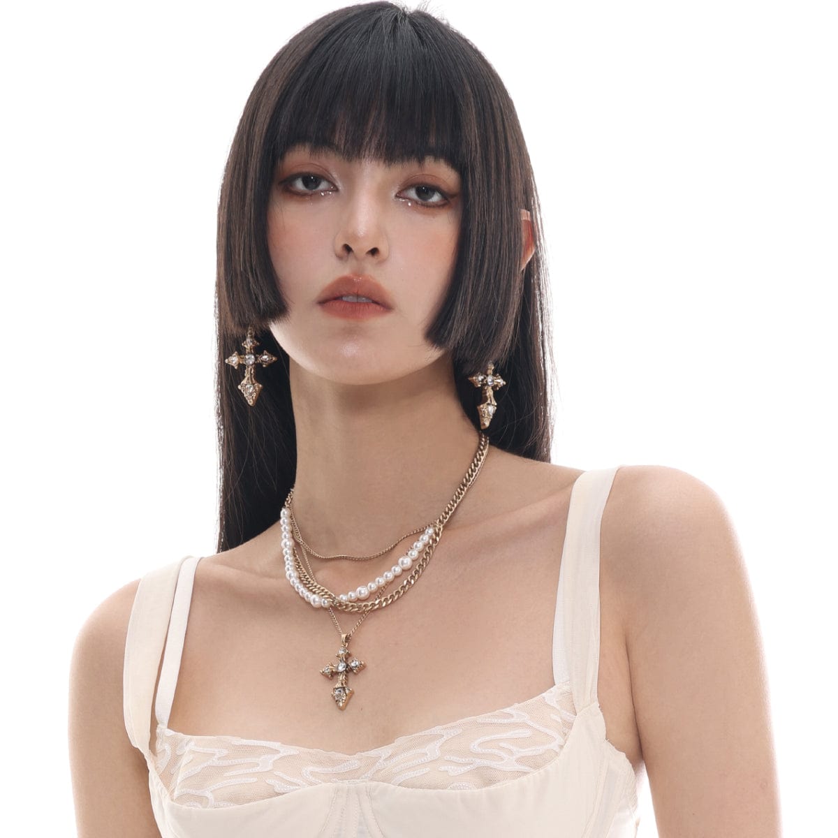 Kobine Women's Punk Pearl Cross Necklace