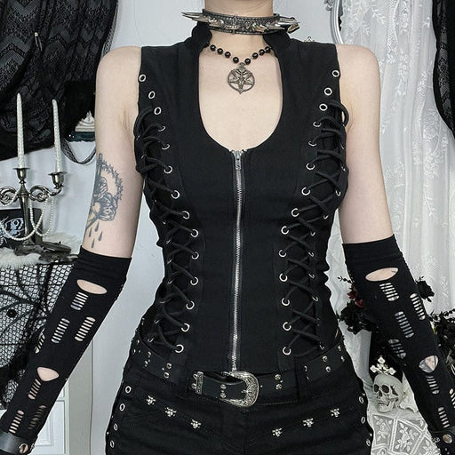 Kobine Women's Punk Plunging Lace-up Zipper Vest