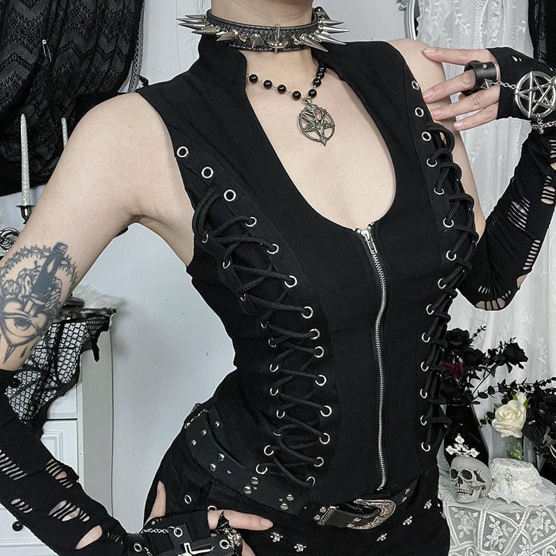 Kobine Women's Punk Plunging Lace-up Zipper Vest