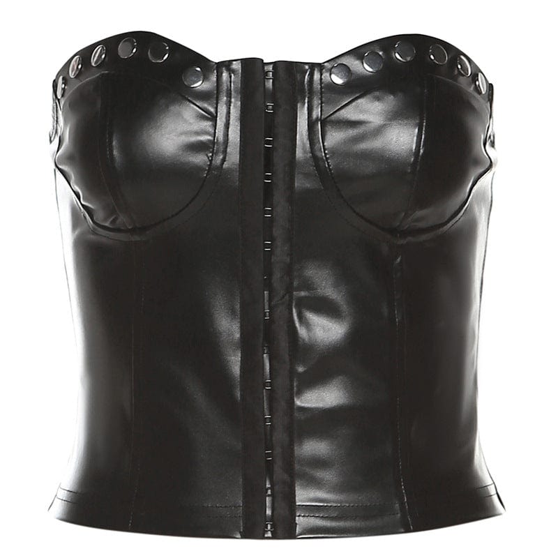 Kobine Women's Punk Rivets Front Zip Faux Leather Bustier