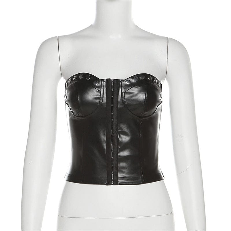 Kobine Women's Punk Rivets Front Zip Faux Leather Bustier