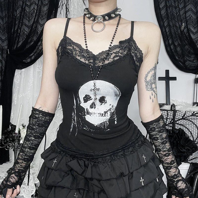 Kobine Women's Punk Skull Printed Lace Hem Tank Top