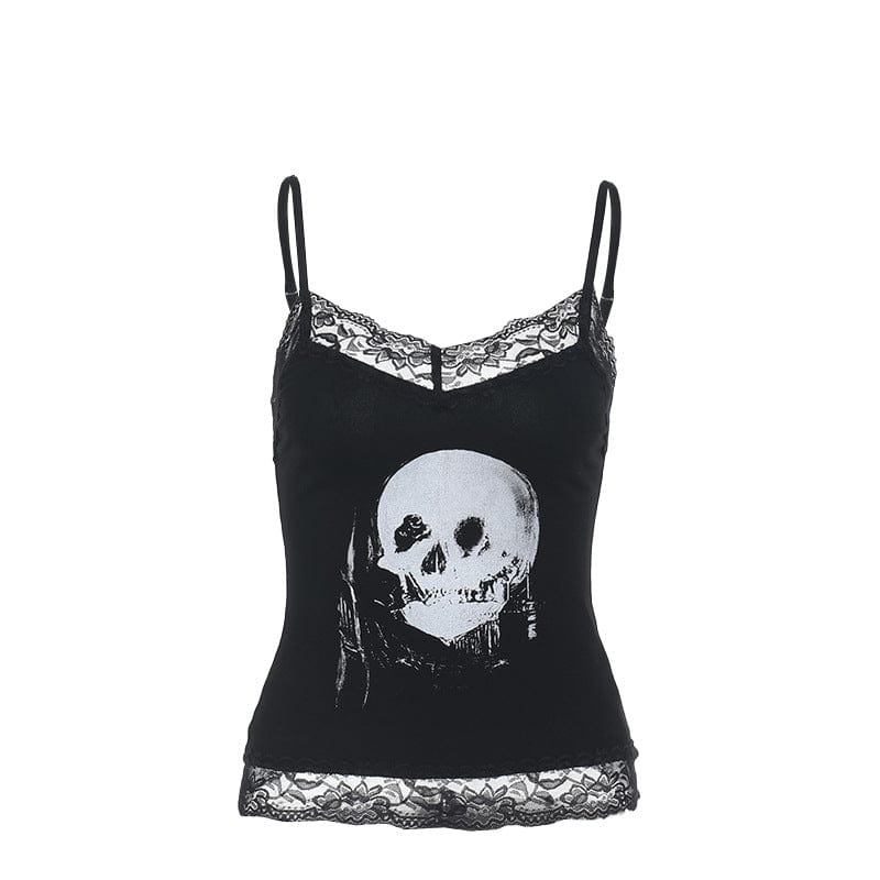 Kobine Women's Punk Skull Printed Lace Hem Tank Top
