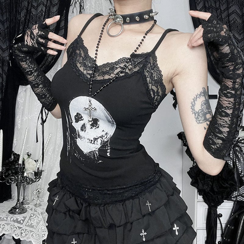 Kobine Women's Punk Skull Printed Lace Hem Tank Top