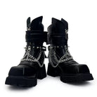 Kobine Women's Punk Spiked Chained Buckle Strap Square‑Toe Platform Block Heel Boots