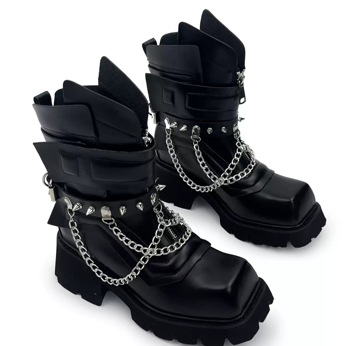 Kobine Women's Punk Spiked Chained Buckle Strap Square‑Toe Platform Block Heel Boots