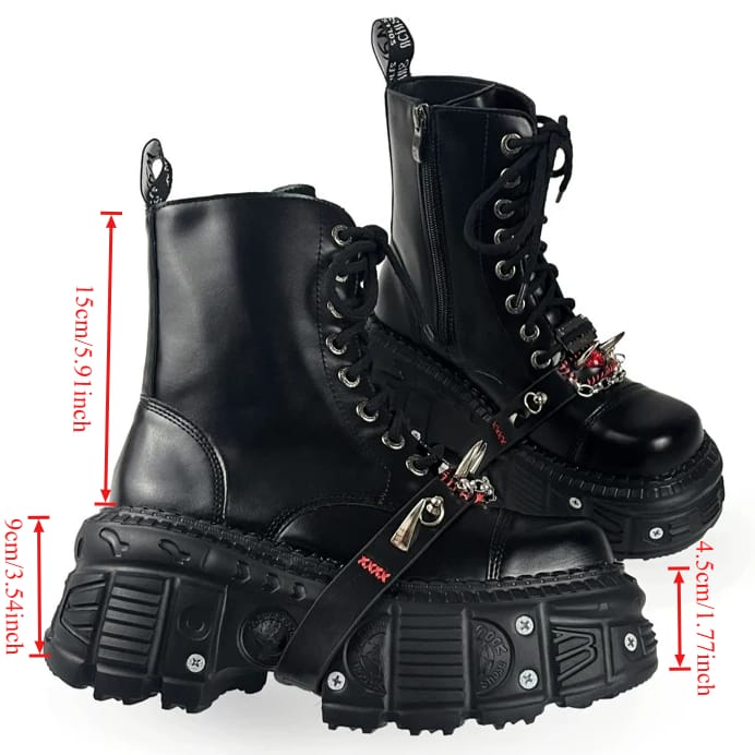 Kobine Women's Punk Spiked Strap Lace-up Side Zipper Platform Chunky Sole Boots