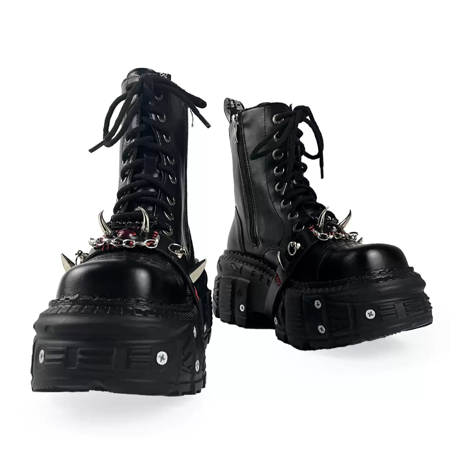 Kobine Women's Punk Spiked Strap Lace-up Side Zipper Platform Chunky Sole Boots