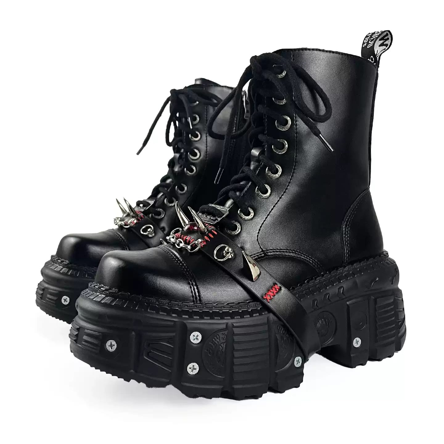 Kobine Women's Punk Spiked Strap Lace-up Side Zipper Platform Chunky Sole Boots