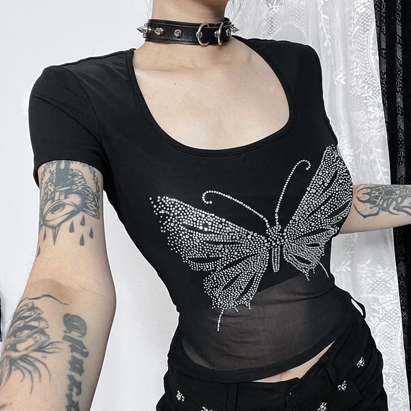 Kobine Women's Punk Square-cut Collar Butterfly Rhinestone Shirt