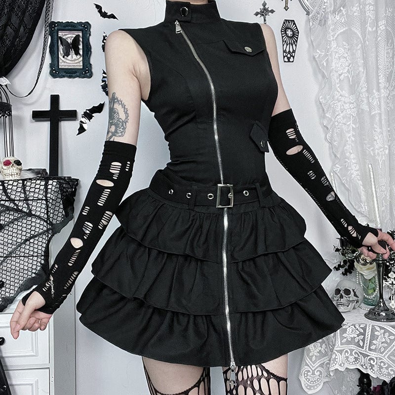 Kobine Women's Punk Stand Collar Zipper Layered Party Dress