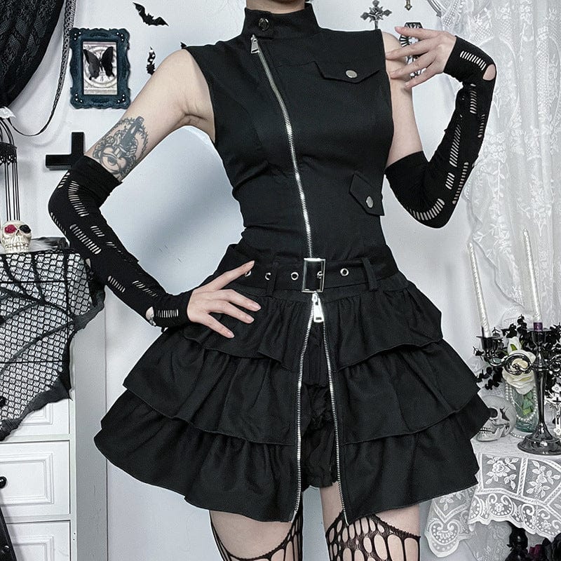 Kobine Women's Punk Stand Collar Zipper Layered Party Dress