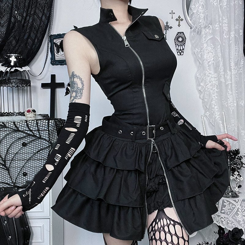 Kobine Women's Punk Stand Collar Zipper Layered Party Dress