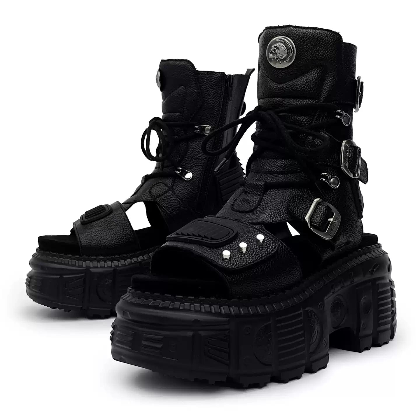 Kobine Women's Punk Studded Buckle Strap Cutout Open-Toe Platform Chunky Sole Sandal Boots