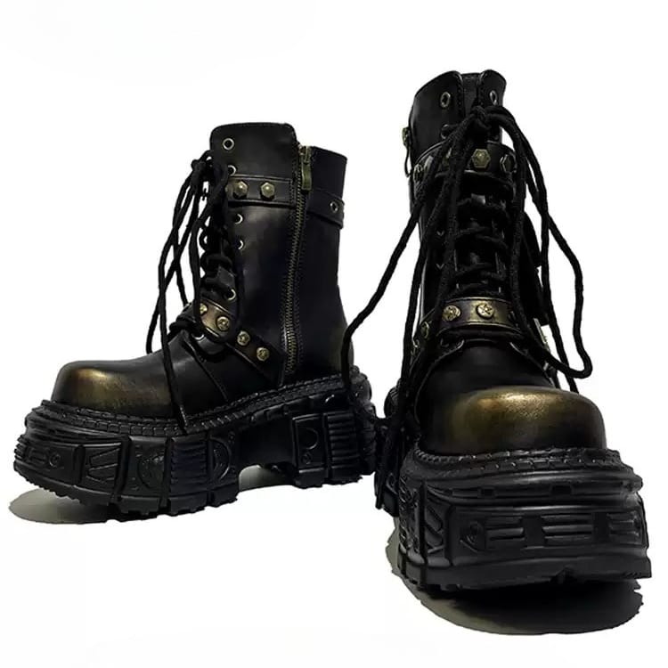 Kobine Women's Punk Studded Buckle‑Strap Lace‑up Platform Chunky Sole Ankle Boots
