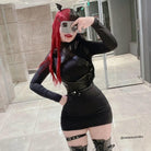 Kobine Women's Punk Turtleneck Faux Leather Strap Splice Dress