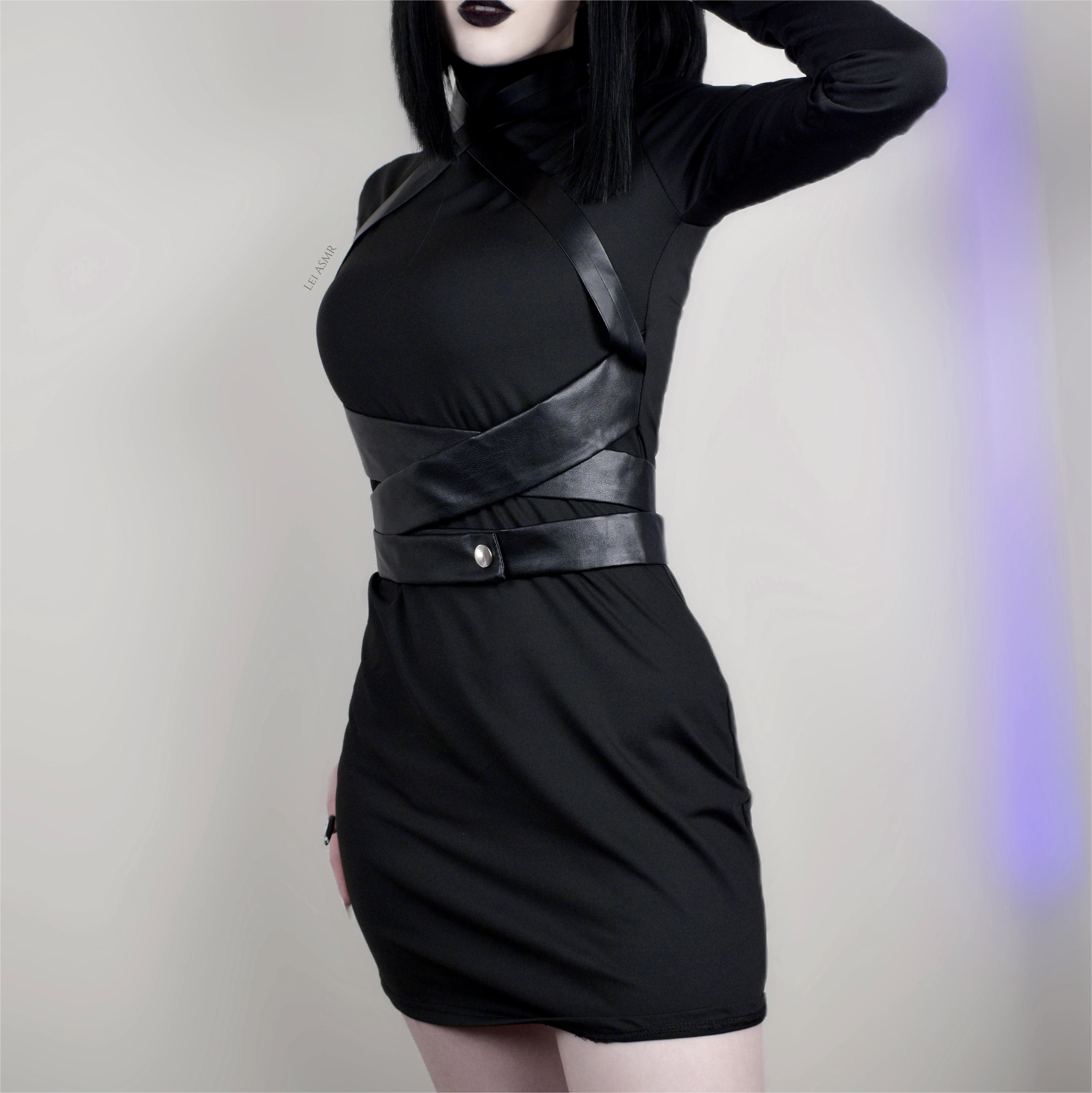 Kobine Women's Punk Turtleneck Faux Leather Strap Splice Dress