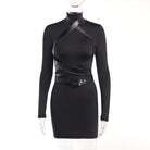 Kobine Women's Punk Turtleneck Faux Leather Strap Splice Dress