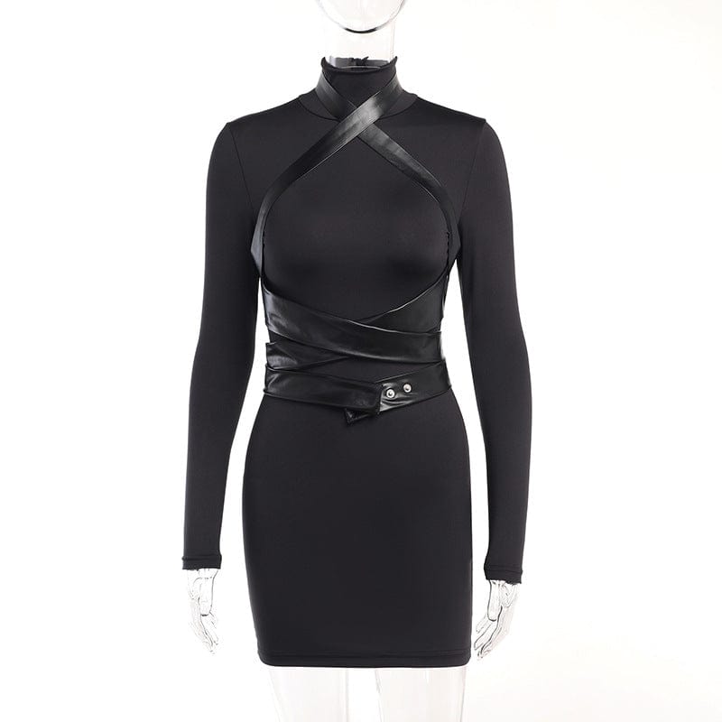 Kobine Women's Punk Turtleneck Faux Leather Strap Splice Dress