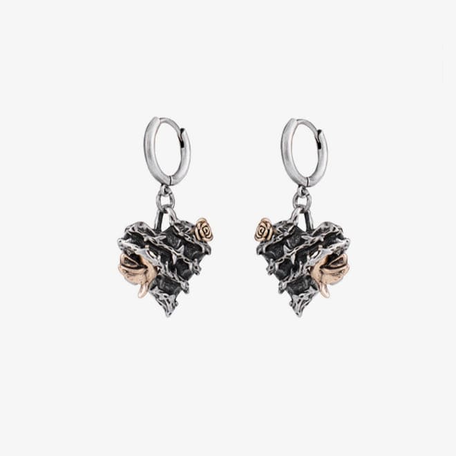 Kobine Women's Rockabilly Thorn Rose Heart Earrings