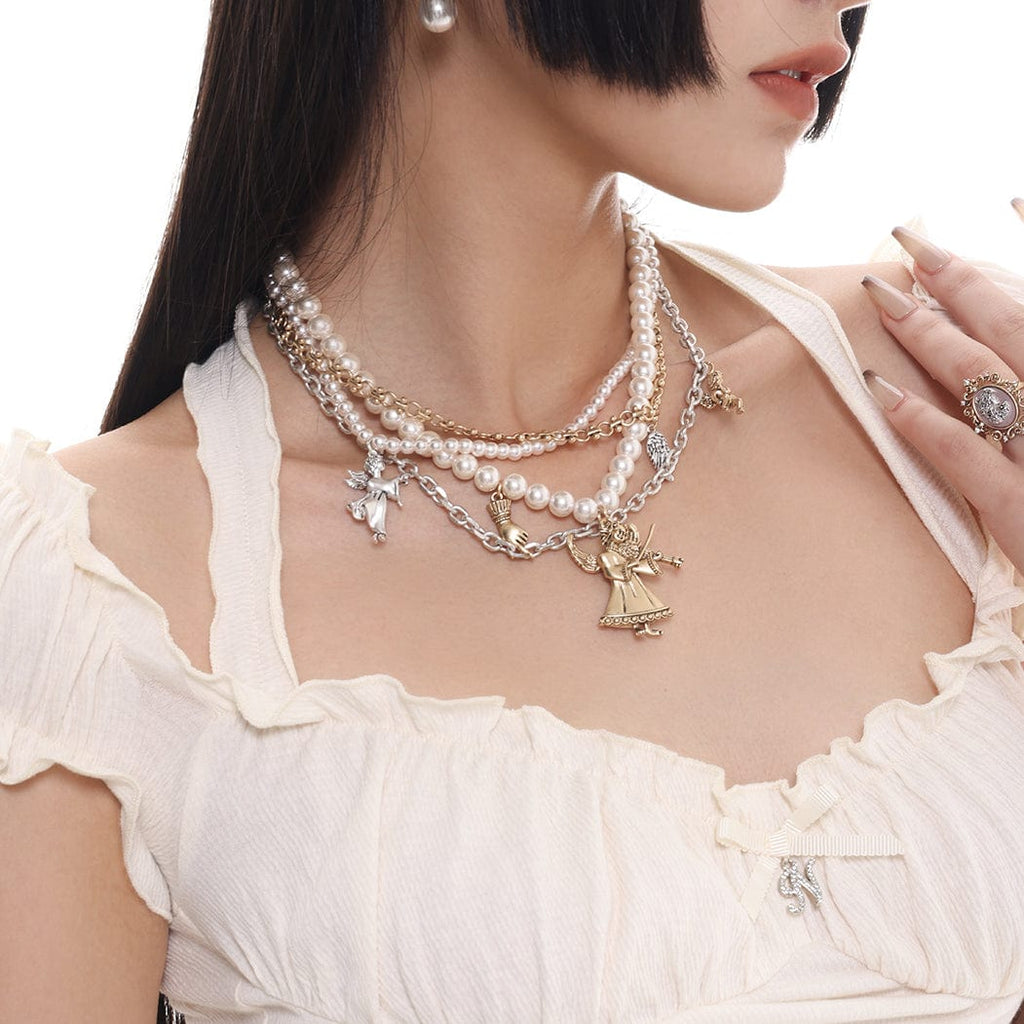 Kobine Women's Vintage Angel Multilayer Pearl Necklace