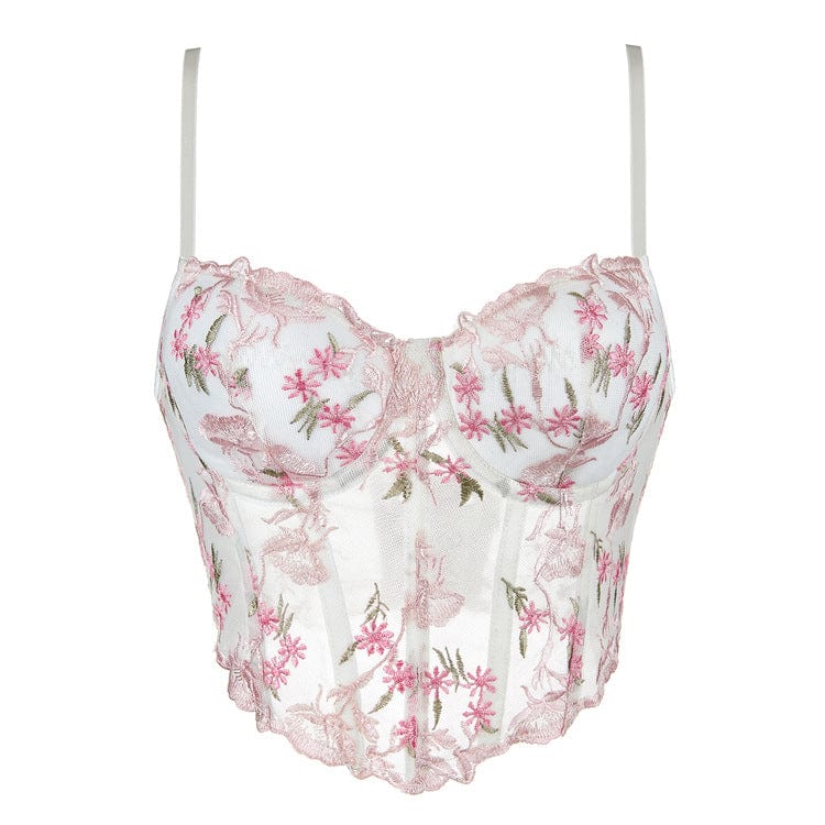 Kobine Women's Vintage Floral Embroidered Mesh Overbust Corset