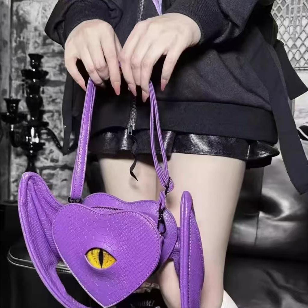 Nothing Here Women's Gothic Devil Eye Bat Wing Heart Bag Purple