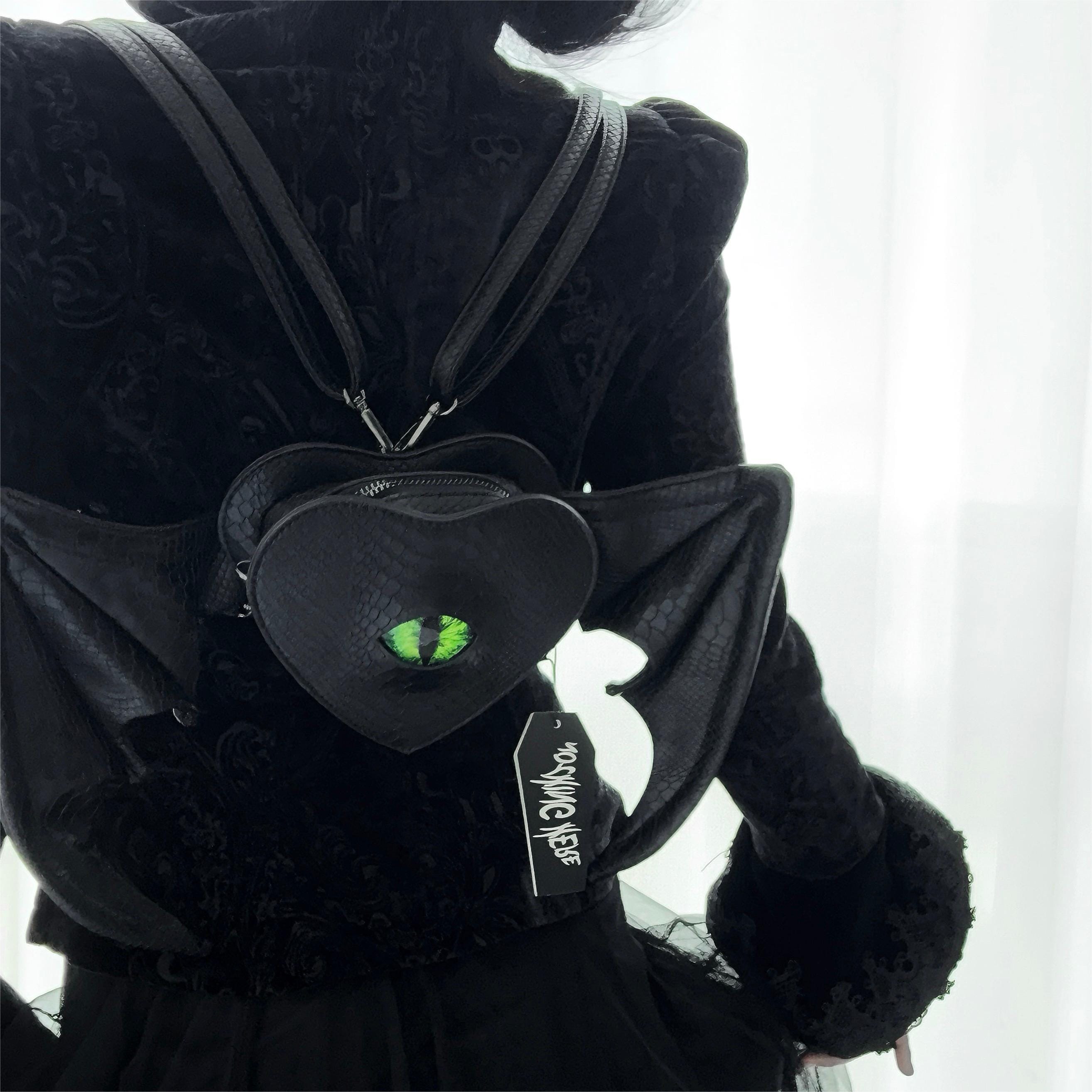 Nothing Here Women's Gothic Green Devil Eye Bat Wing Heart Bag Black