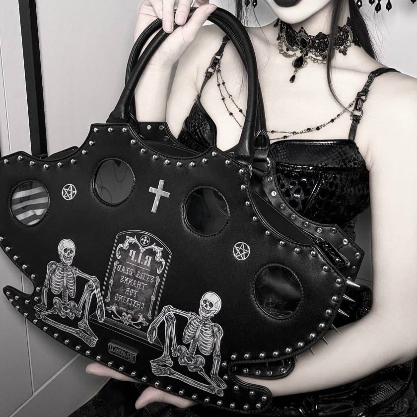 Nothing Here Women's Gothic Skull Rivets Tombstone Handbag