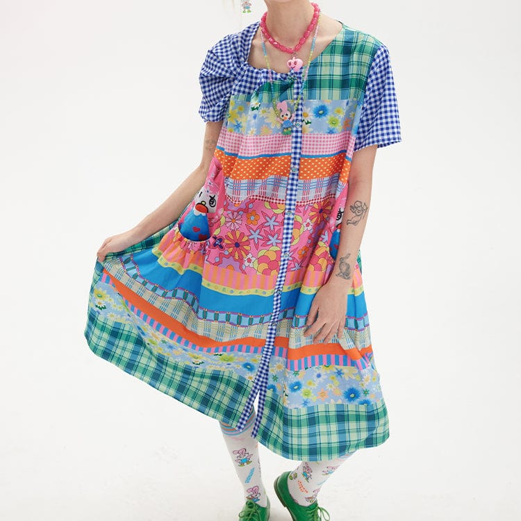 Pink Kawaii Women's Kawaii Knot Patchwork Plaid Dress