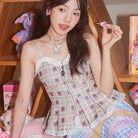 Pink Kawaii Women's Pink Kawaii Bear Embroidered Plaid Zipper Tank Top