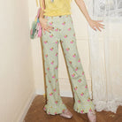 Pink Kawaii Women's Pink Kawaii Cherry Printed Ruffled Plaid Pants