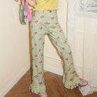 Pink Kawaii Women's Pink Kawaii Cherry Printed Ruffled Plaid Pants